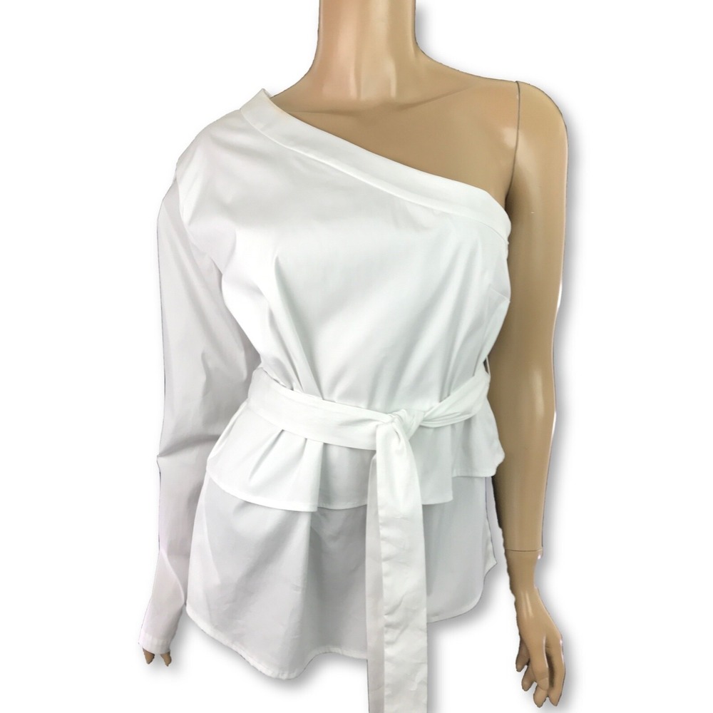 Tome Size 4 White One Shoulder Top Blouse Tie at Waist One Long Sleeve Cotton BL